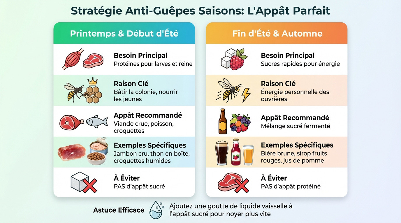 Schéma explicatif montrant la différence d'appâts pour guêpes entre le printemps et l'été