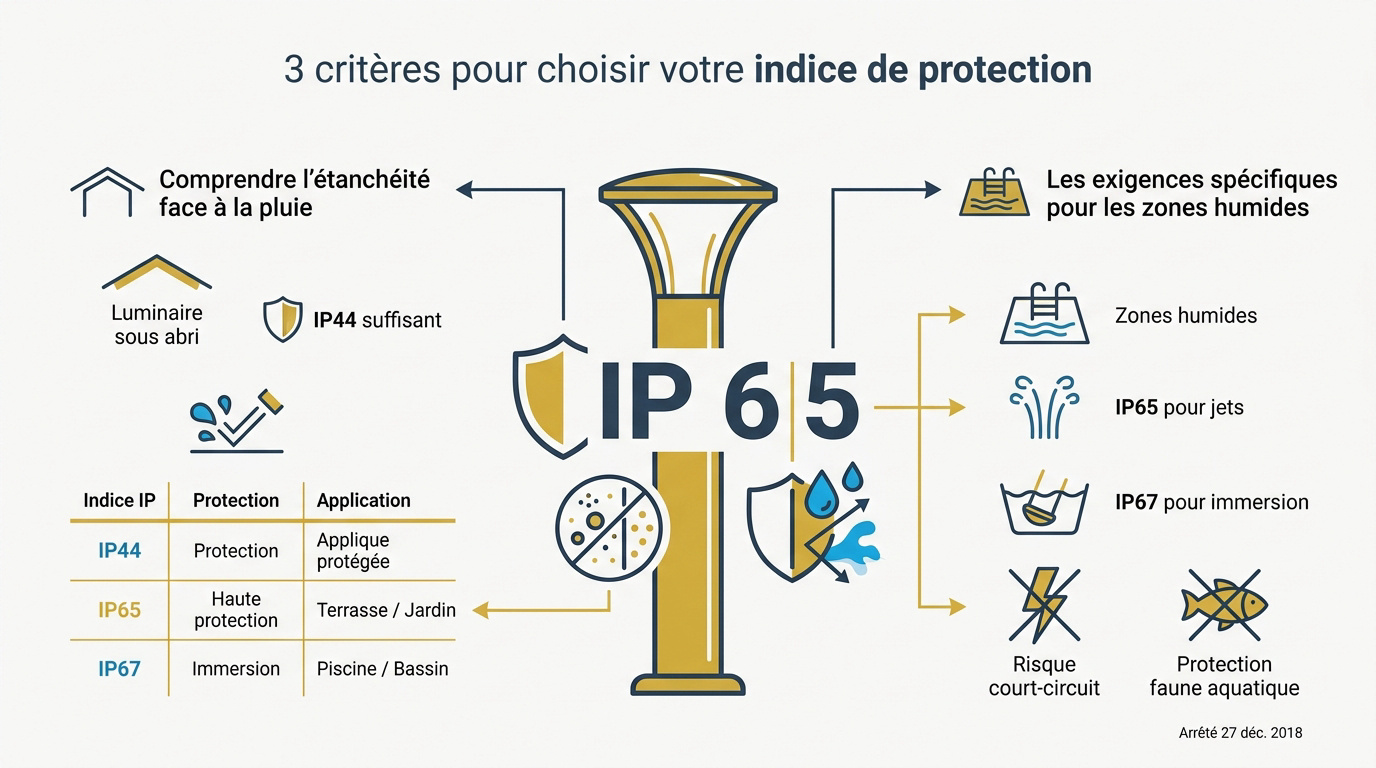 Guide visuel pour choisir l'indice de protection IP des luminaires extérieurs