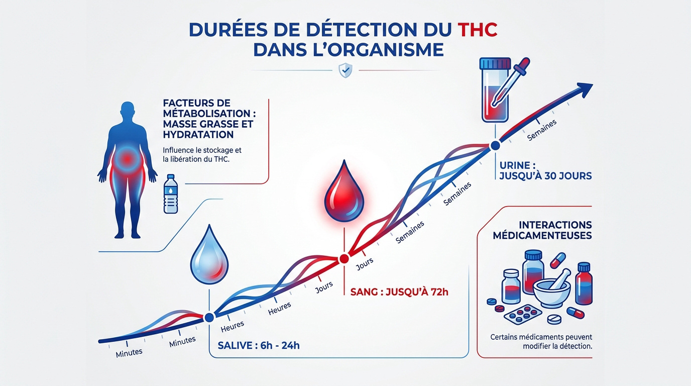 Tableau des durées de détection du THC dans la salive, le sang et l'urine