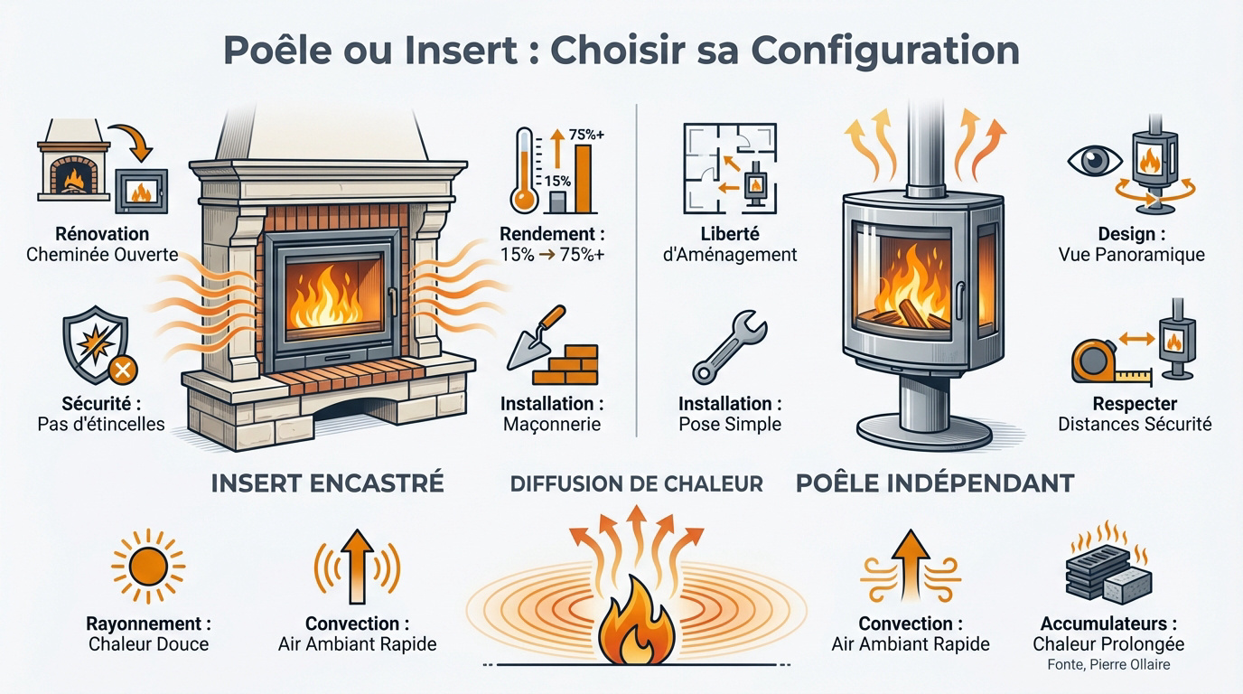 Poêle à bois design installé dans un salon moderne