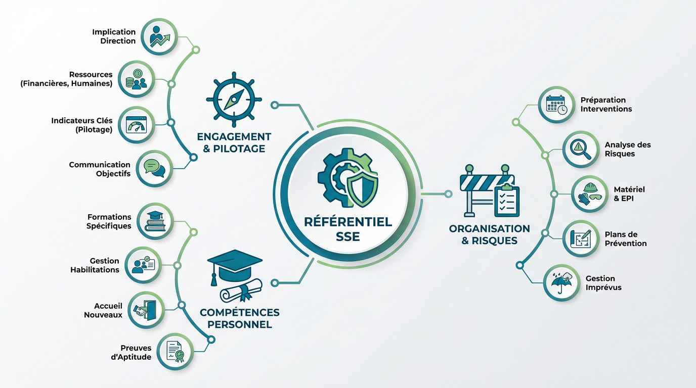 Schéma des 5 axes stratégiques du référentiel MASE pour la certification SSE