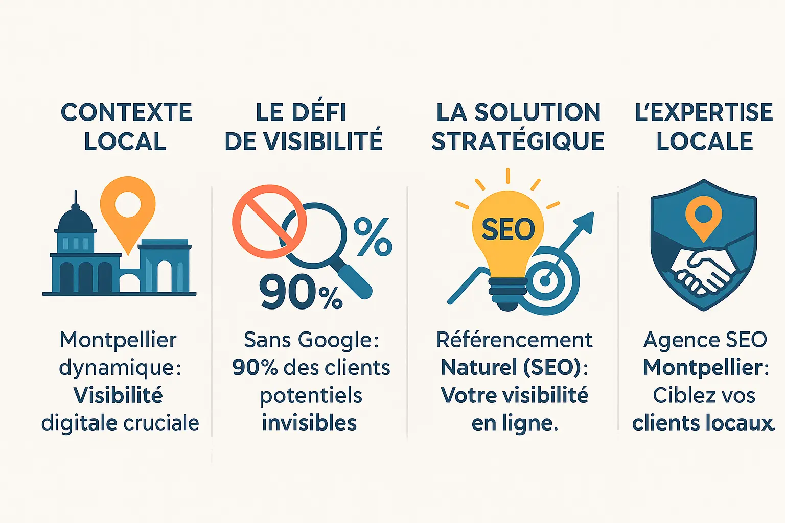 Illustration d'une agence SEO à Montpellier avec des graphiques de visibilité en ligne et clients locaux