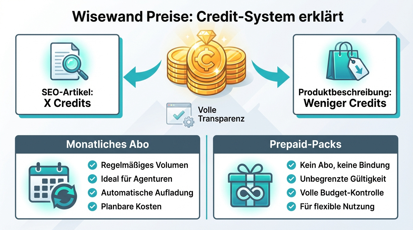 Übersicht der Wisewand Preise und des Credit-Systems für SEO Content