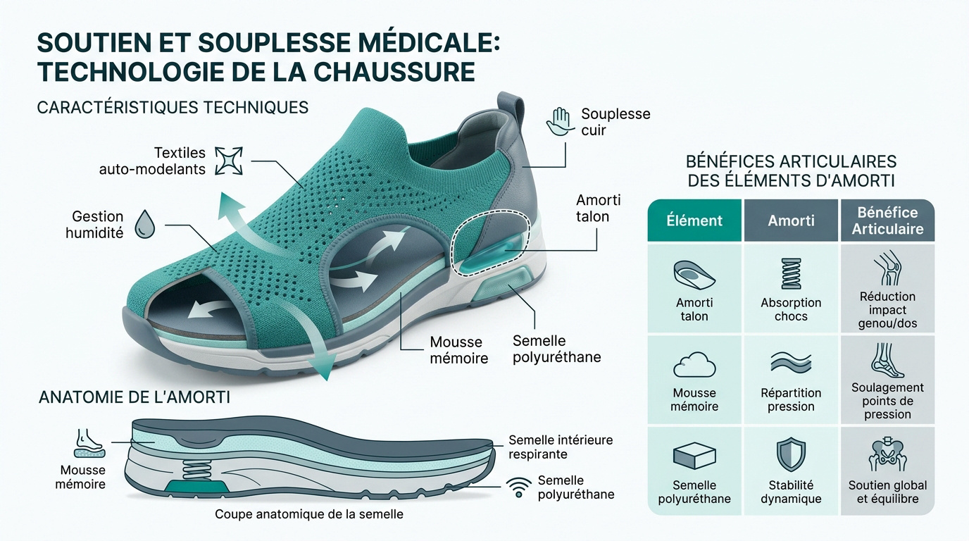 Détail technique d'une chaussure orthopédique pour femme avec semelle amortissante et textile extensible