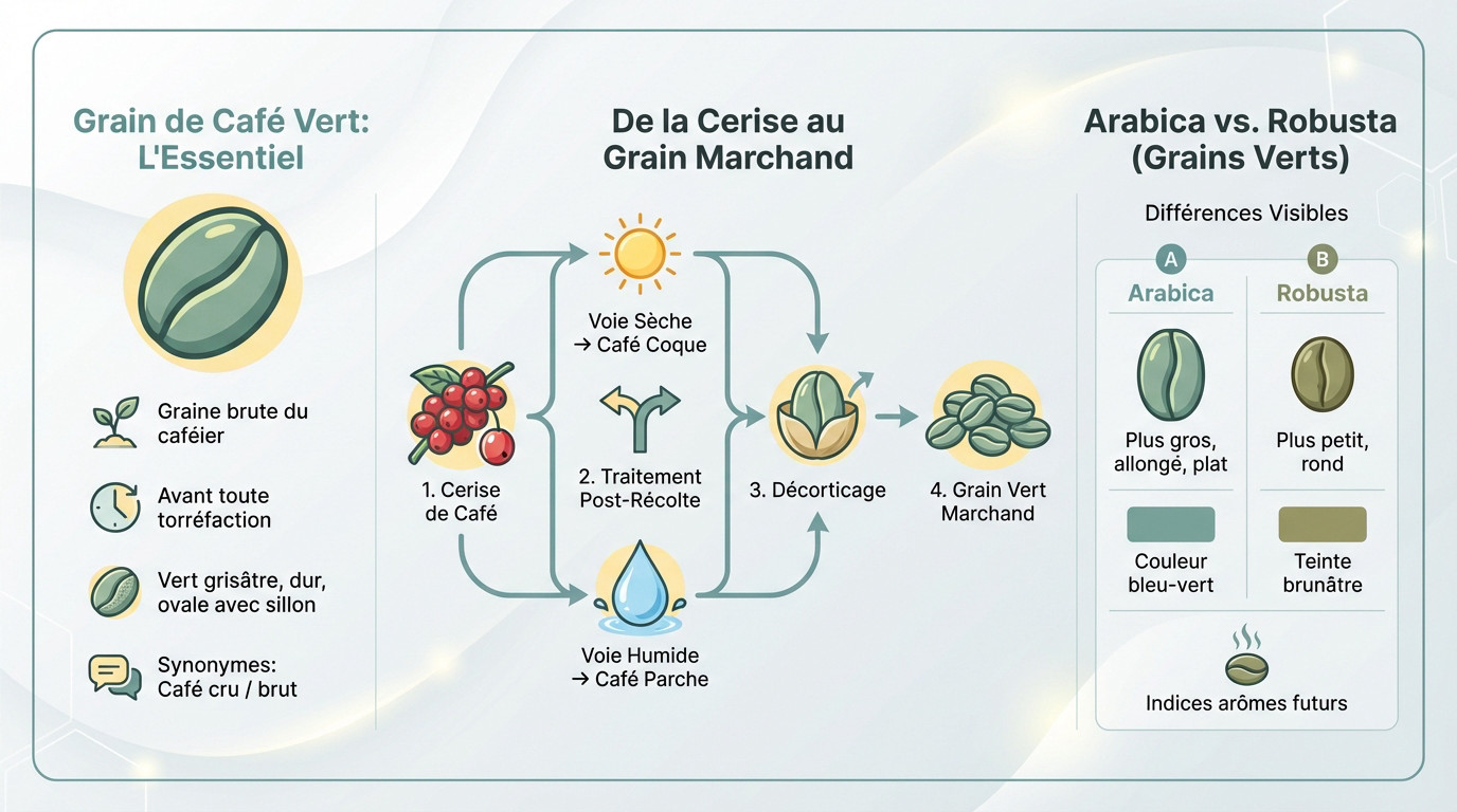 Grains de café vert avant torréfaction, illustrant la différence entre arabica et robusta