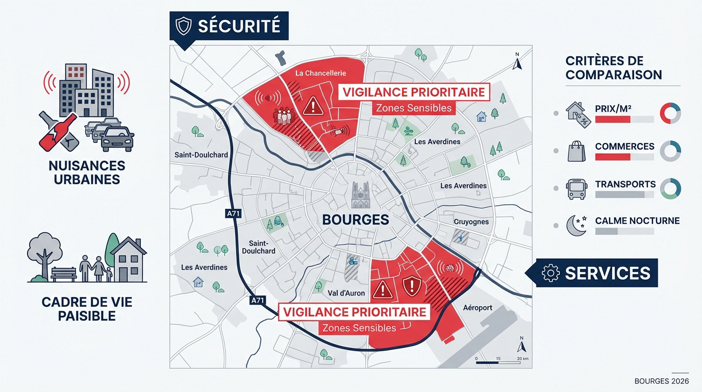 Carte des zones de sécurité et quartiers résidentiels de Bourges en 2026