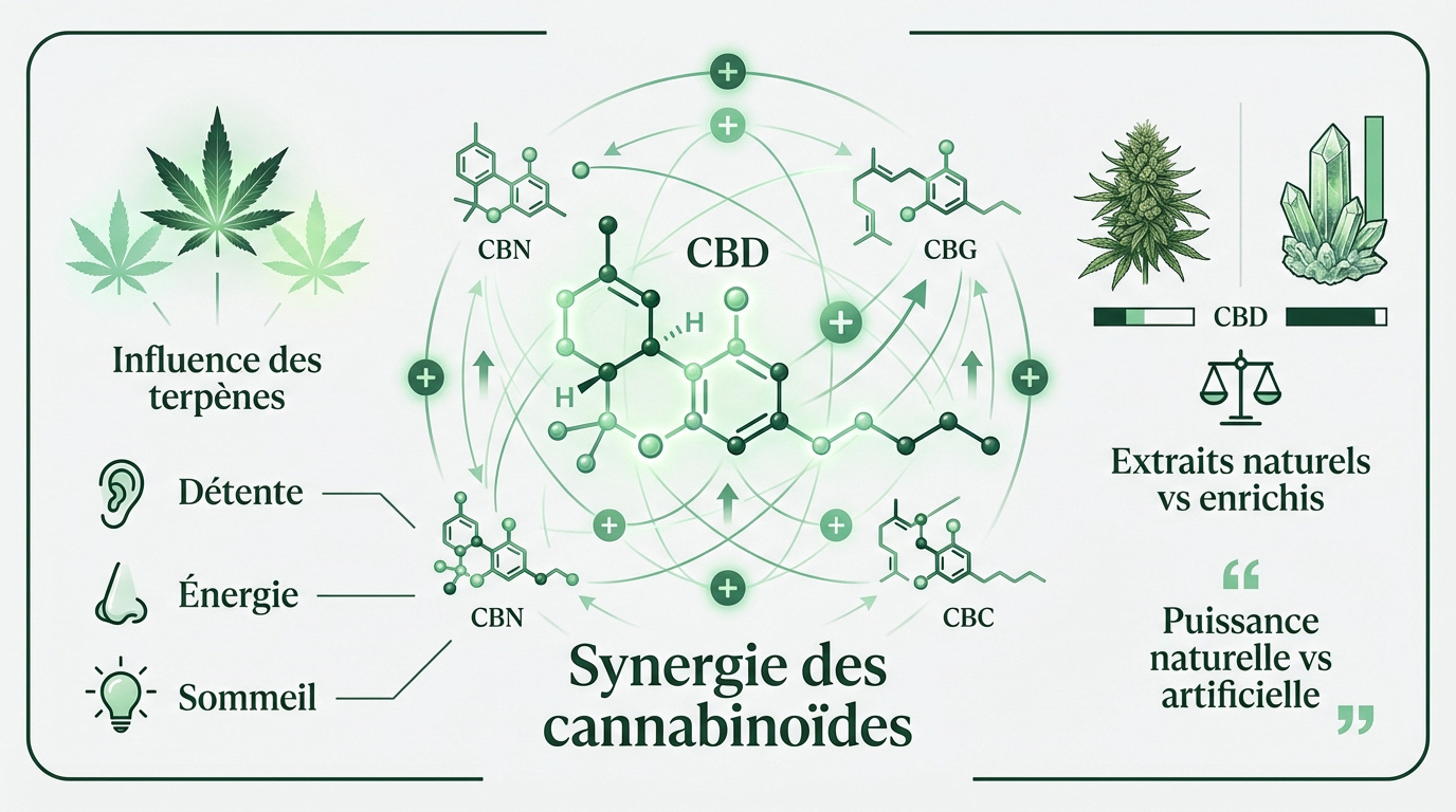 Schéma explicatif de l'effet d'entourage et de la synergie des cannabinoïdes dans le chanvre