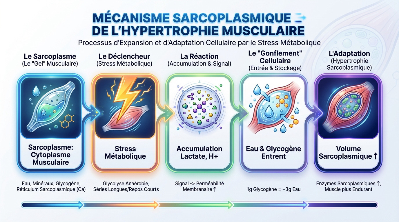Schéma illustrant le mécanisme sarcoplasmique et l'expansion du volume musculaire via le liquide intracellulaire