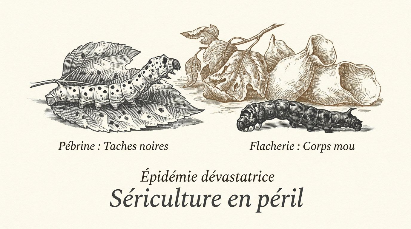 Vers à soie présentant des symptômes de pébrine et de flacherie