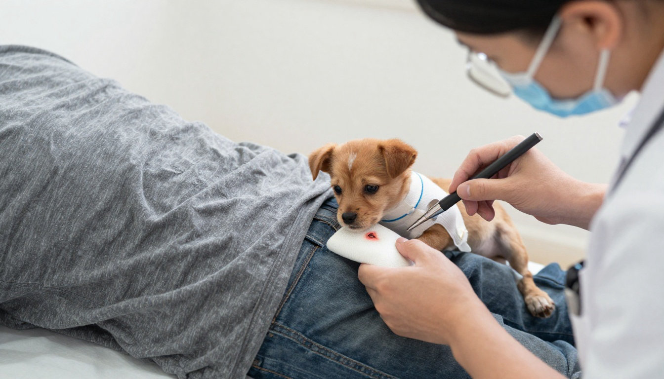 Vétérinaire soignant une morsure sur un chiot, soins post-altercation avec un chien agressif
