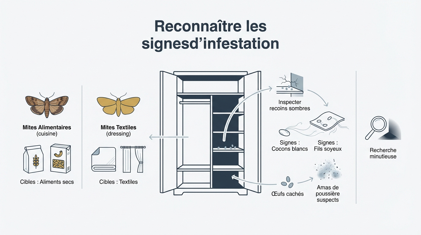Identification des larves et papillons de mites dans un placard de cuisine