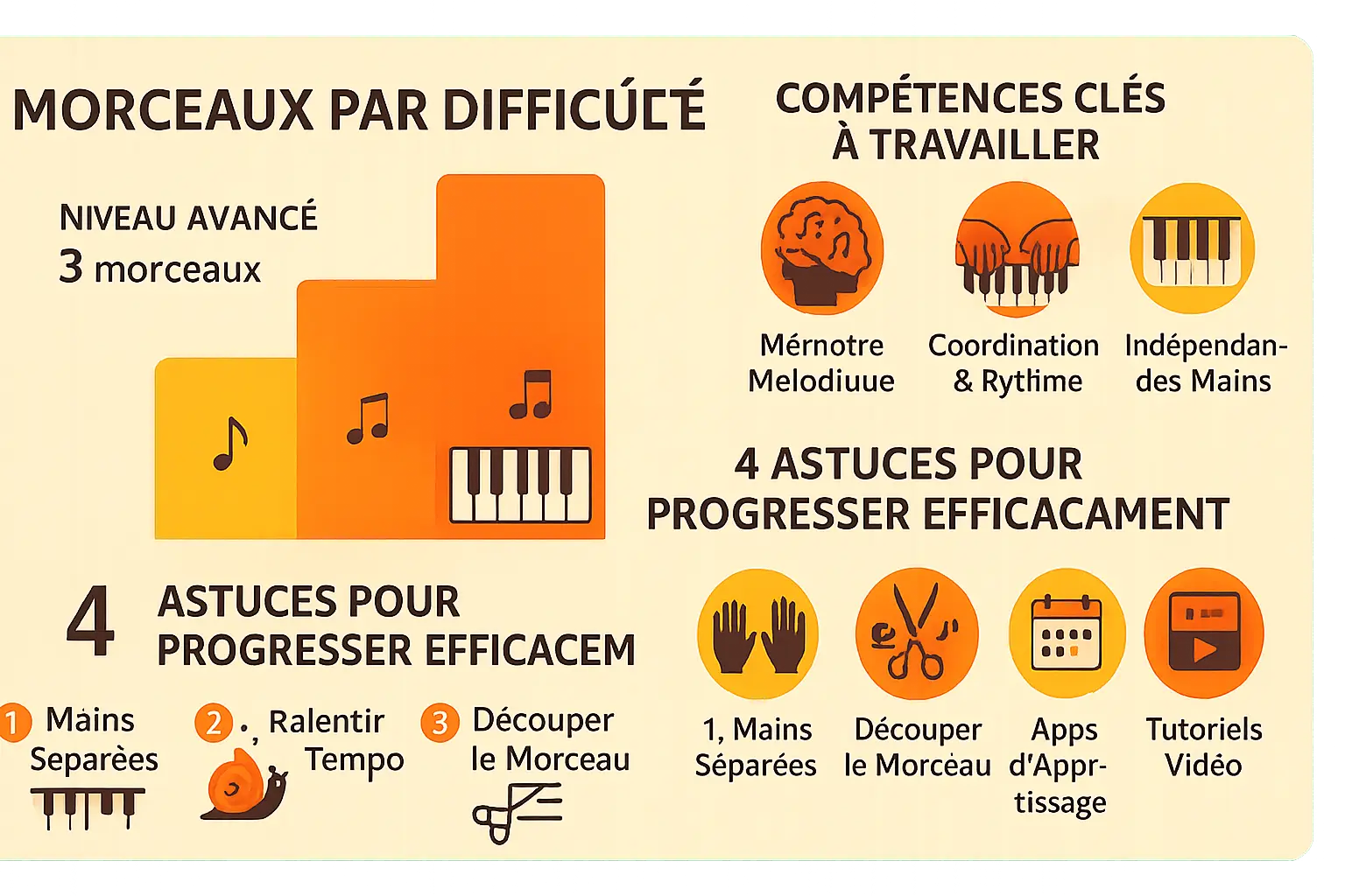 Illustration d'un piano avec des touches colorées pour débutants