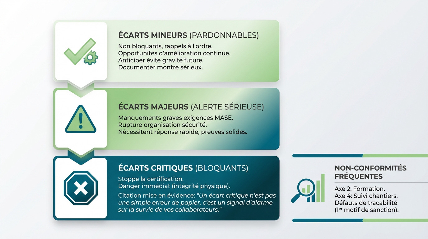Infographie détaillant la hiérarchie des écarts d'audit MASE, du mineur au critique