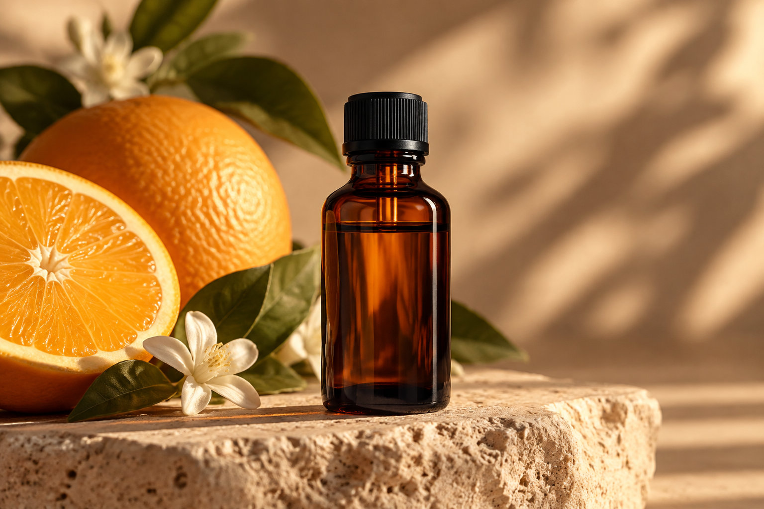 Un flacon d’huile essentielle d’Orange douce d’Italie est posé près d’un avant-bras couvert en soirée.