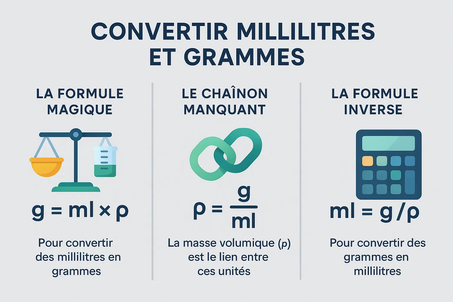 Schéma de conversion entre grammes et millilitres avec la masse volumique