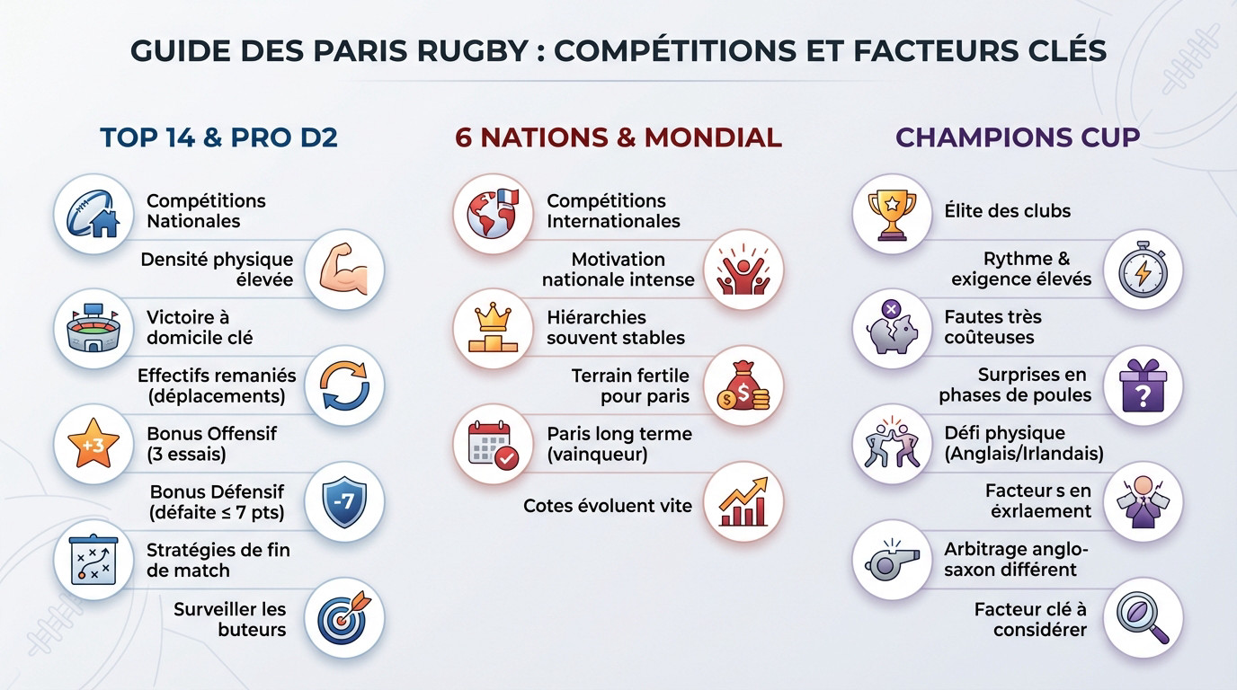 Illustration des compĂ©titions majeures de rugby pour les paris sportifs : Top 14, 6 Nations et Champions Cup