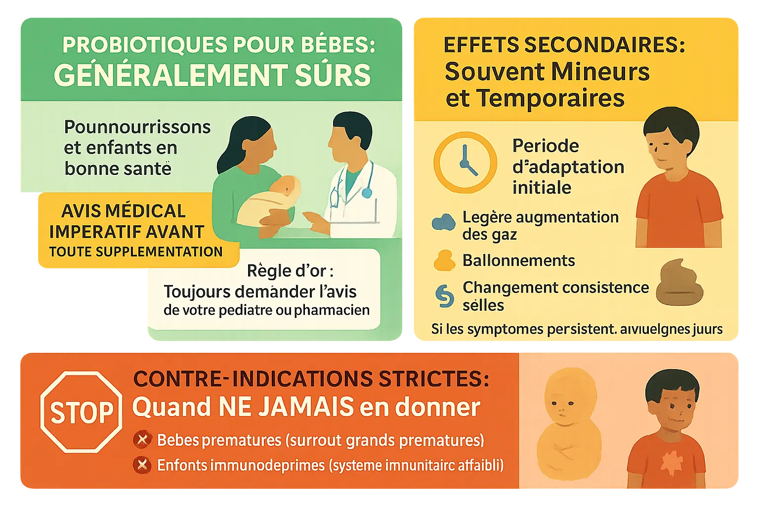 Schéma illustrant les effets des probiotiques sur le système digestif des bébés