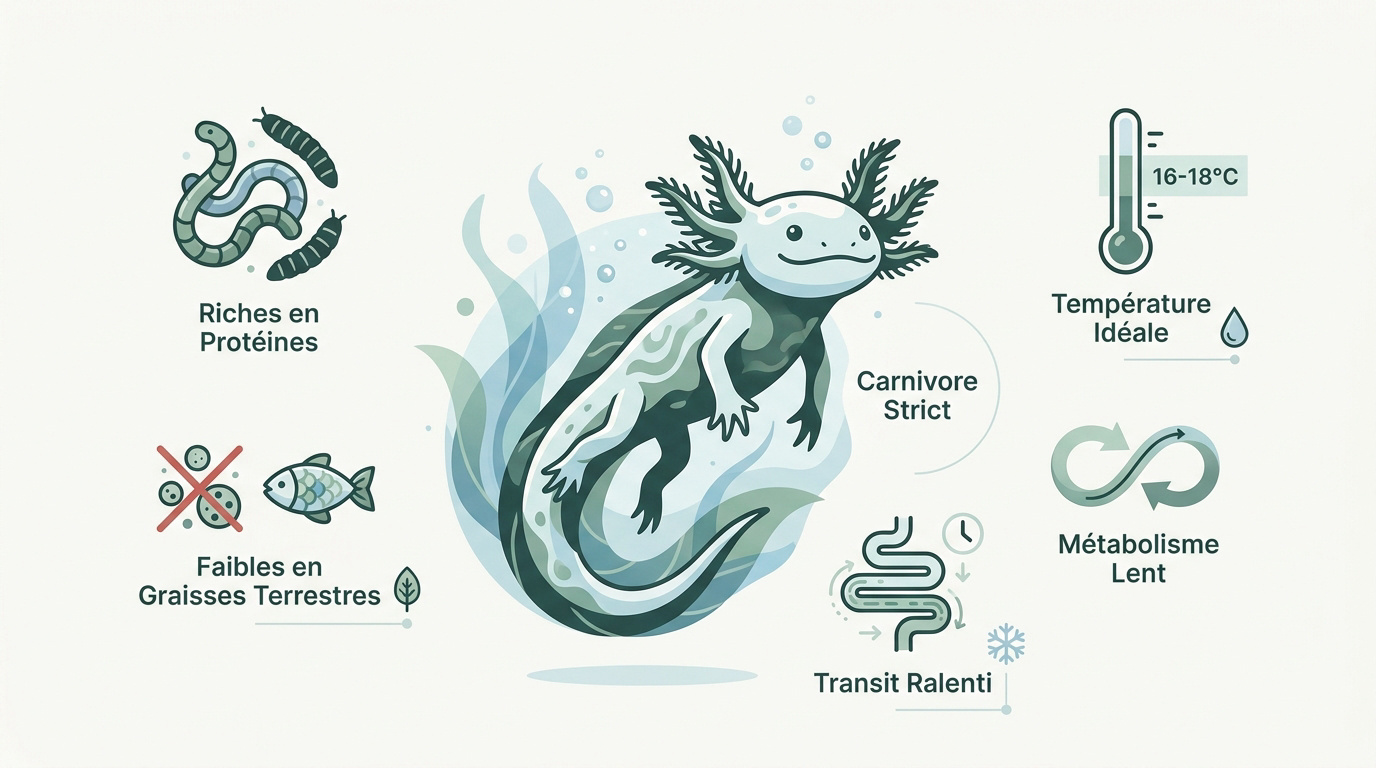 Axolotl dans son aquarium consommant des pellets adaptés