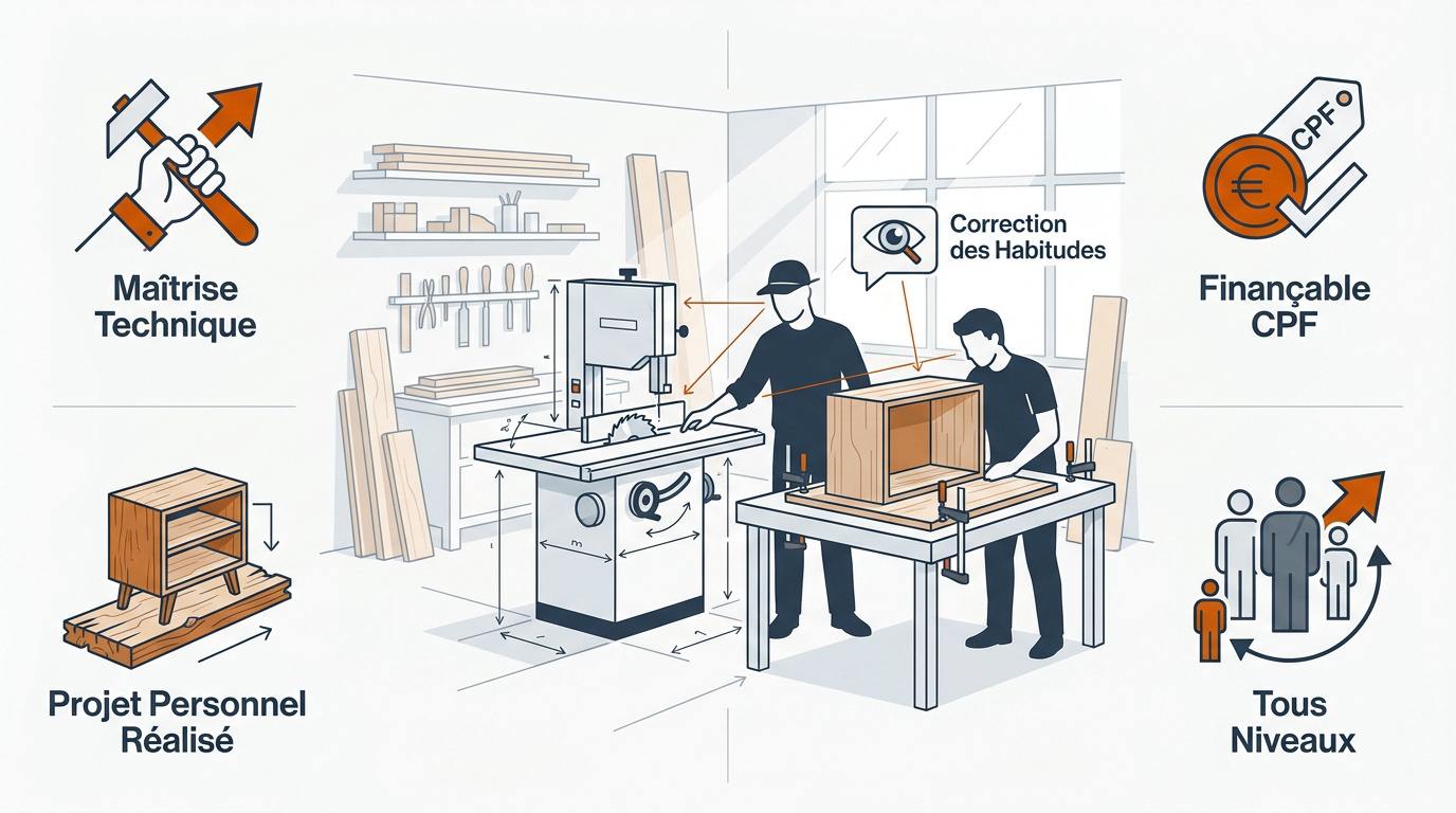 Stagiaire travaillant le bois dans un atelier de menuiserie équipé
