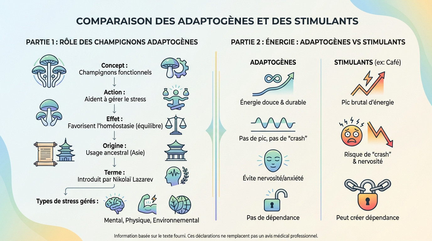 Graphique comparatif montrant la différence entre l'énergie stable des adaptogènes et le pic suivi du crash de la caféine