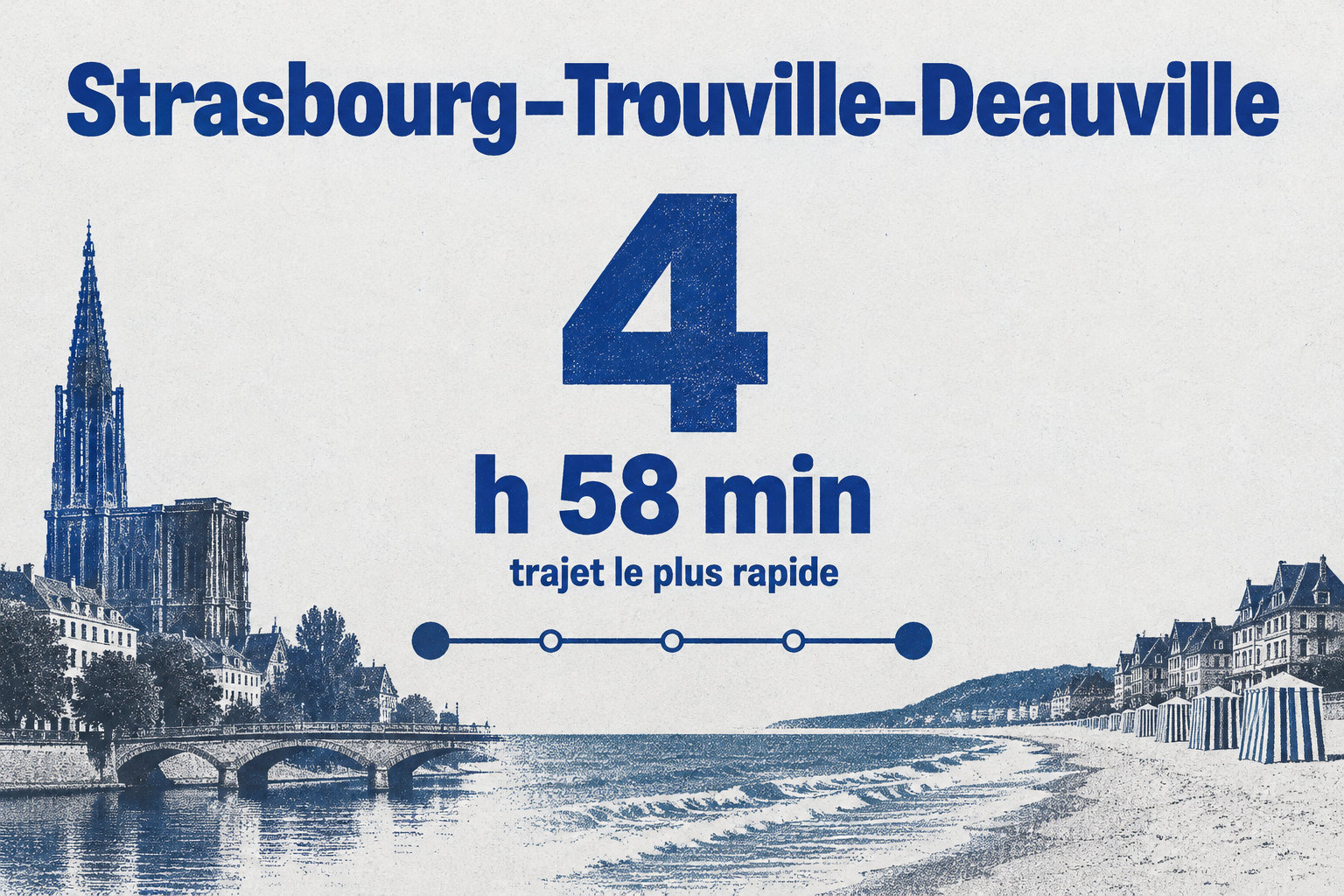 Le trajet en train le plus rapide entre Strasbourg et Trouville-Deauville dure 4 h 58 min.