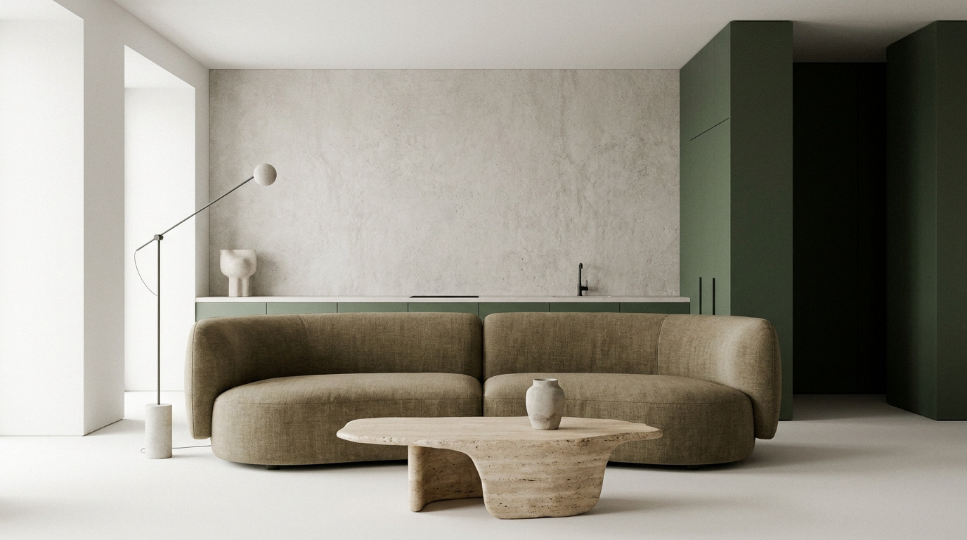 Salon moderne au design scandinave et organique avec mobilier en bois clair et textures naturelles