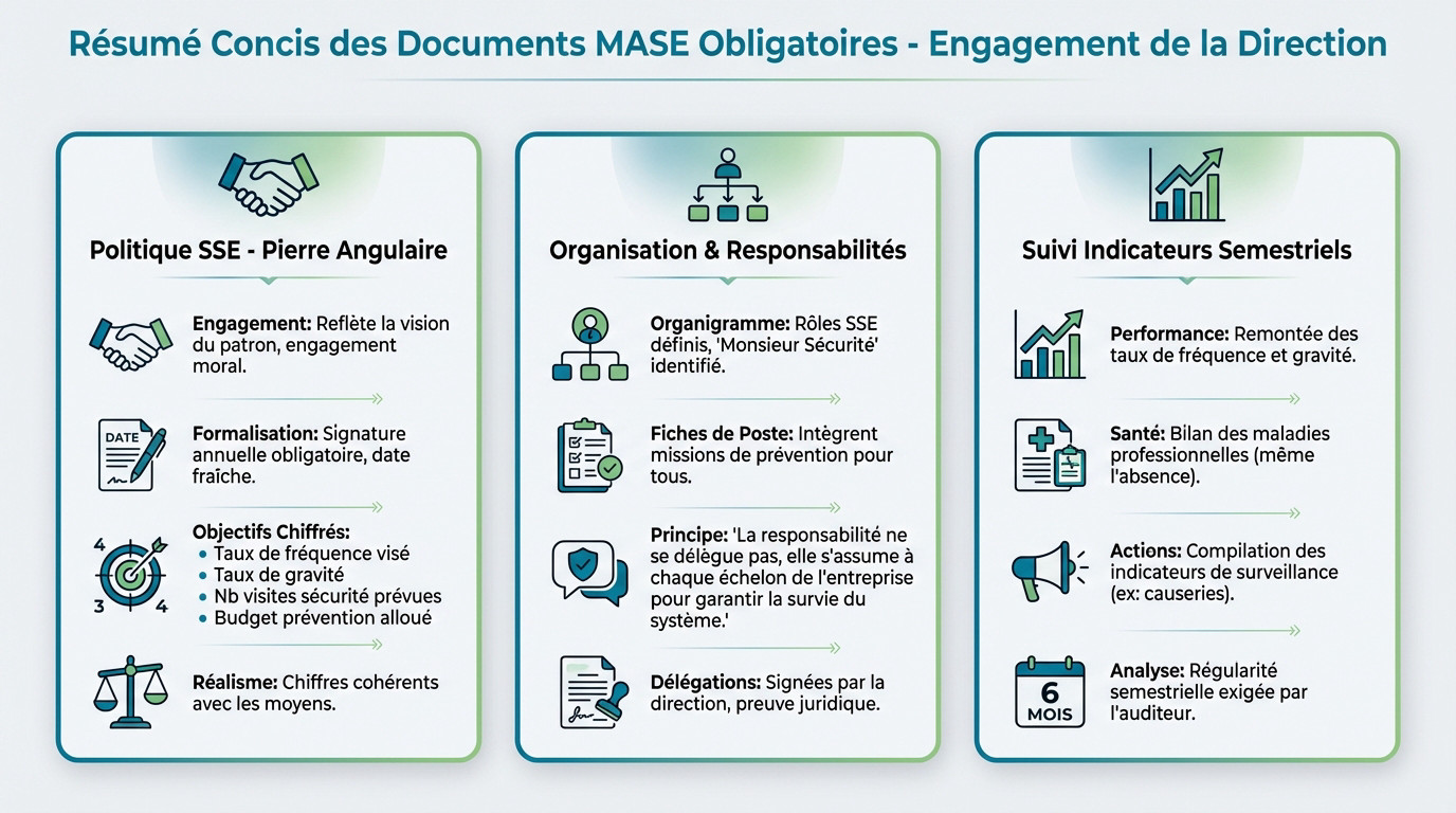 Résumé visuel des documents obligatoires MASE pour l'engagement de la direction et la politique SSE