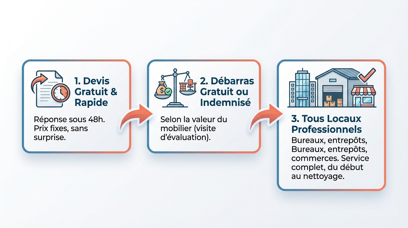 Processus de débarras de bureau en 3 étapes : devis, tri et évacuation