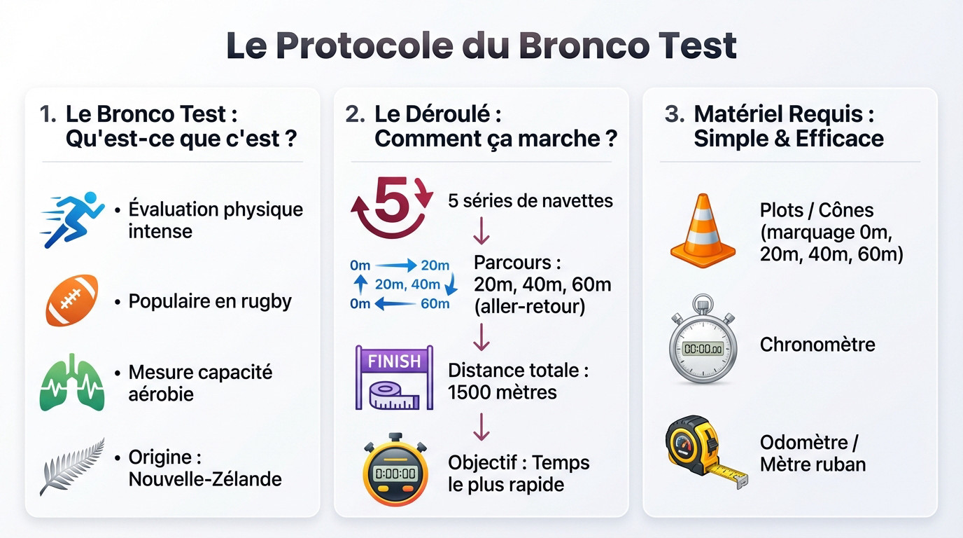 Schéma de l'installation des cônes pour le bronco test rugby