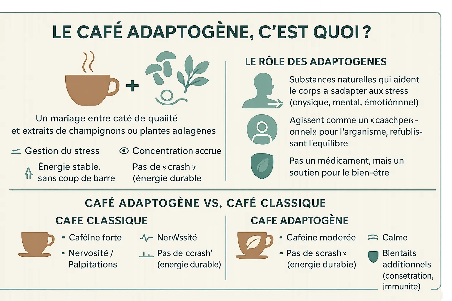 Illustration d'une tasse de café adaptogène avec des ingrédients naturels autour