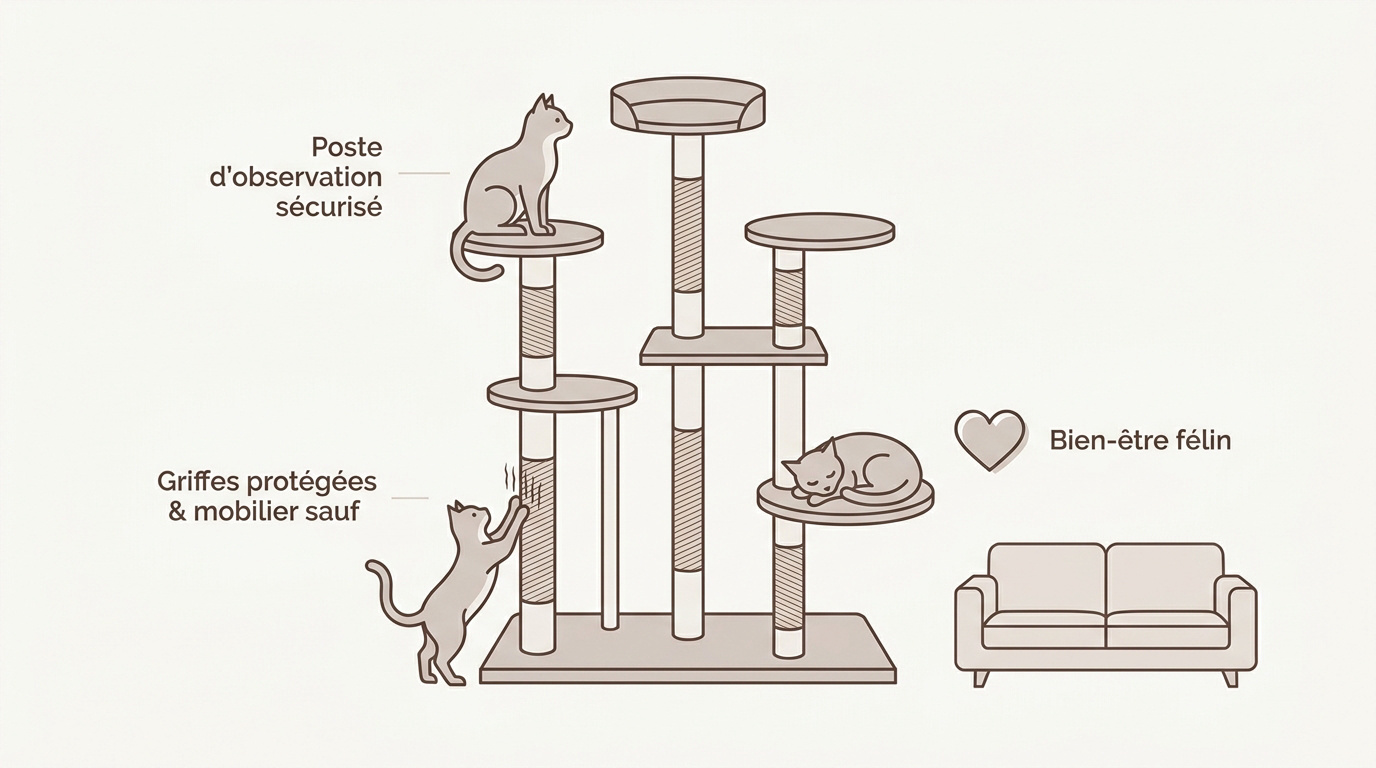Chat perché sur un arbre à chat stable observant son environnement