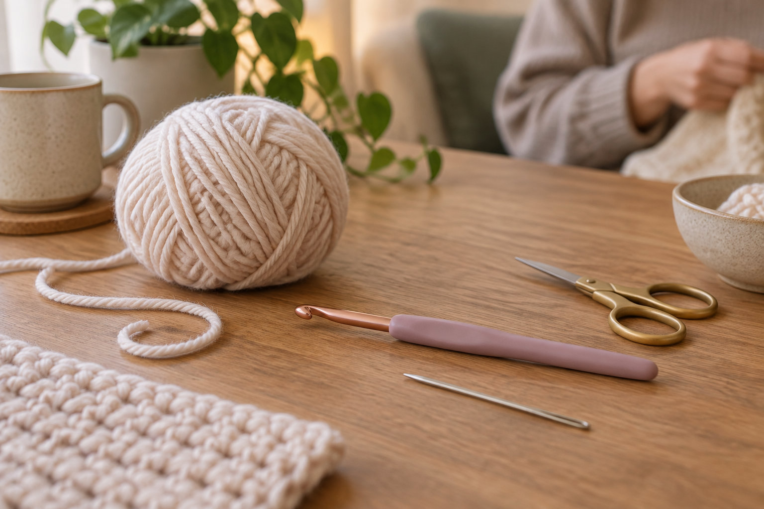 Une pelote de laine claire, un crochet, des ciseaux et une aiguille sont disposés sur une table en bois, près d’un ouvrage au crochet, d’une tasse et d’une plante.