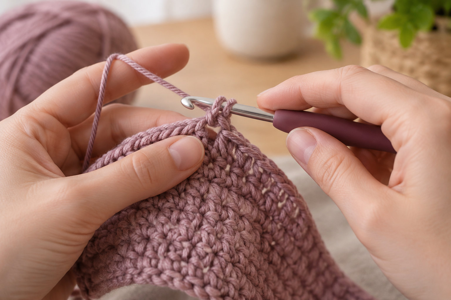 Deux mains tiennent un crochet et un ouvrage au crochet en laine rose, avec une pelote visible à l’arrière-plan.