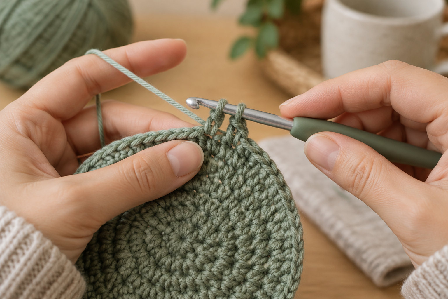 Deux mains réalisent un ouvrage au crochet avec un fil vert sauge et un crochet à manche vert, sur une table en bois.