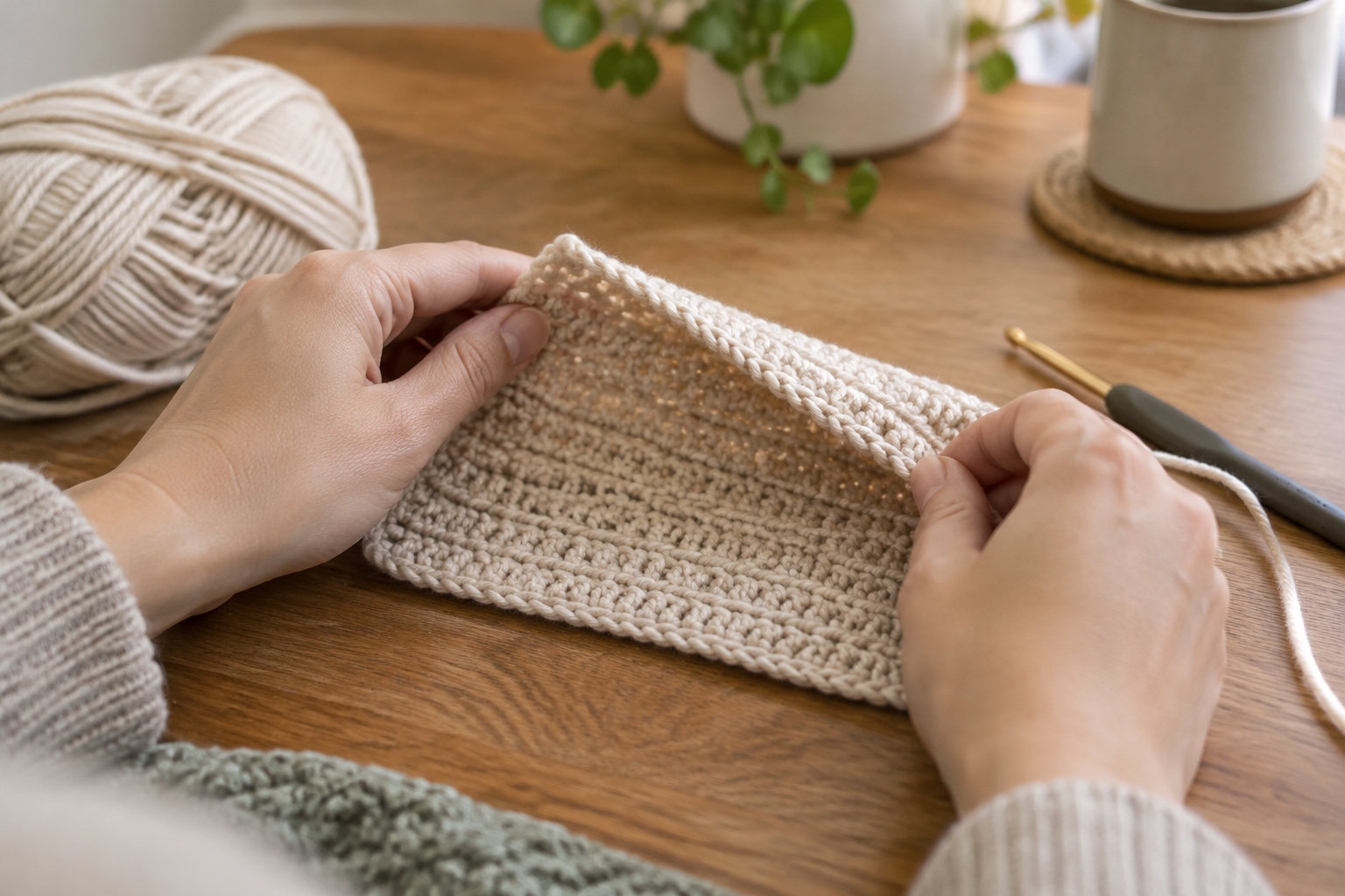 Deux mains tiennent un ouvrage au crochet beige sur une table en bois, avec une pelote de laine, un crochet et des plantes en pot à proximité.