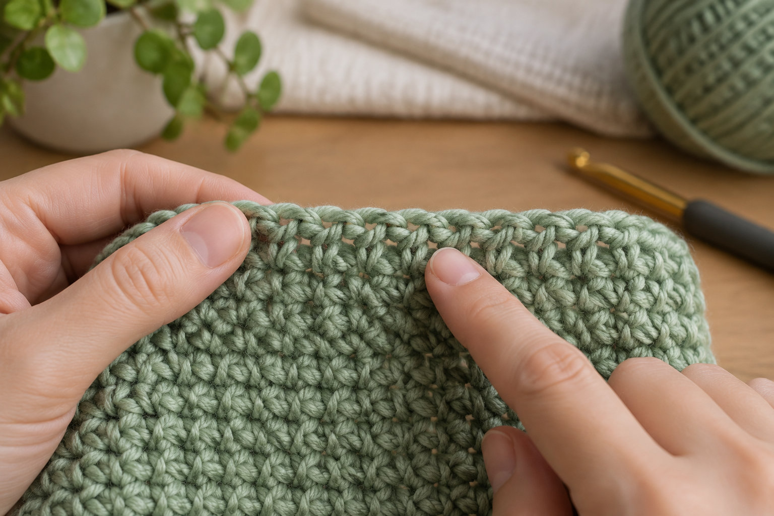 Des mains tiennent un ouvrage au crochet vert et pointent une maille, avec un crochet posé sur la table à l’arrière-plan.