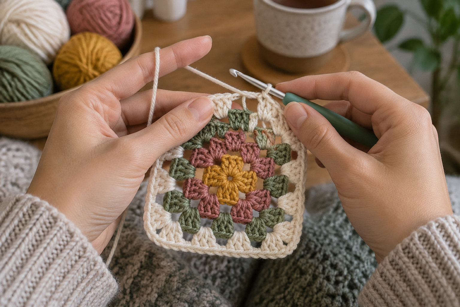 Deux mains réalisent au crochet un carré de laine à motif floral multicolore, avec des pelotes et une tasse en arrière-plan.