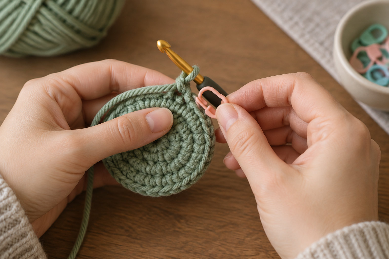 Deux mains tiennent un ouvrage rond en fil vert et un crochet doré, tandis que la main droite place une épingle marque-maille rose.