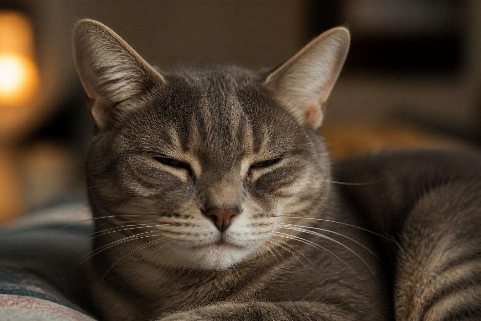 Gros plan sur un chat tigré parfaitement apaisé après une séance de massage