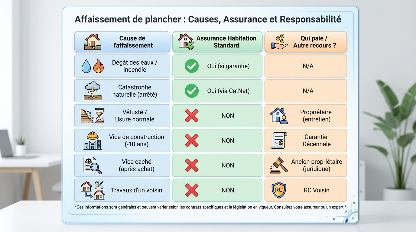 Affaissement de plancher - assurance : qui paie vraiment ? 2 Schéma explicatif des causes d'affaissement de plancher et des assurances concernées