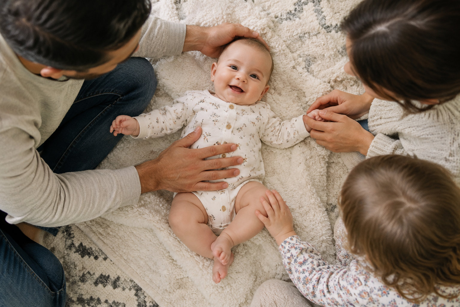 Un bébé souriant est allongé sur un tapis tandis que deux adultes et un enfant posent leurs mains près de lui.