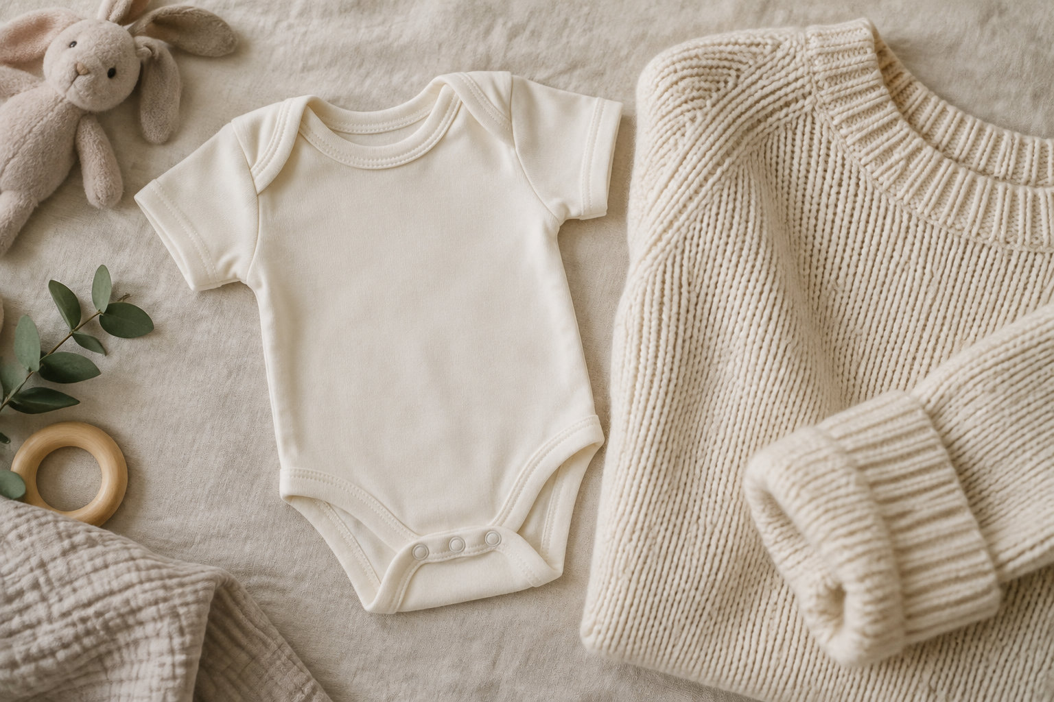 Un body blanc et un pull en maille crème sont disposés sur un tissu beige, avec un lapin en peluche, un anneau en bois et des branches de feuilles vertes.