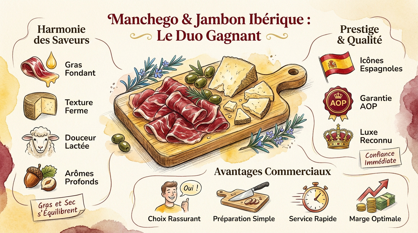 Assiette de tapas avec fromage Manchego et jambon ibérique tranché finement