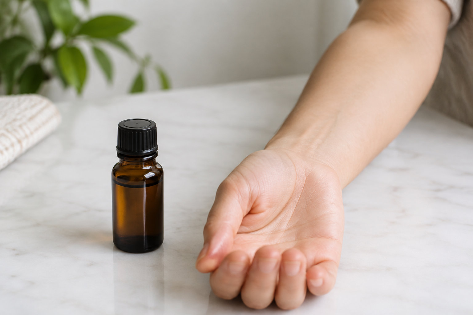 Un flacon d’huile essentielle non étiqueté est posé près d’un avant-bras nu.