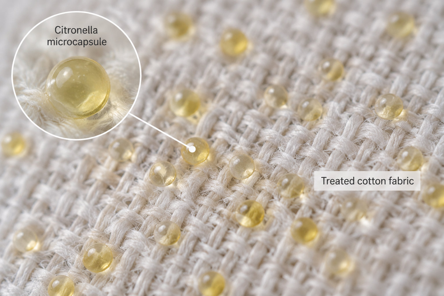 Un échantillon de coton présente de minuscules microcapsules destinées à libérer progressivement de la citronnelle.