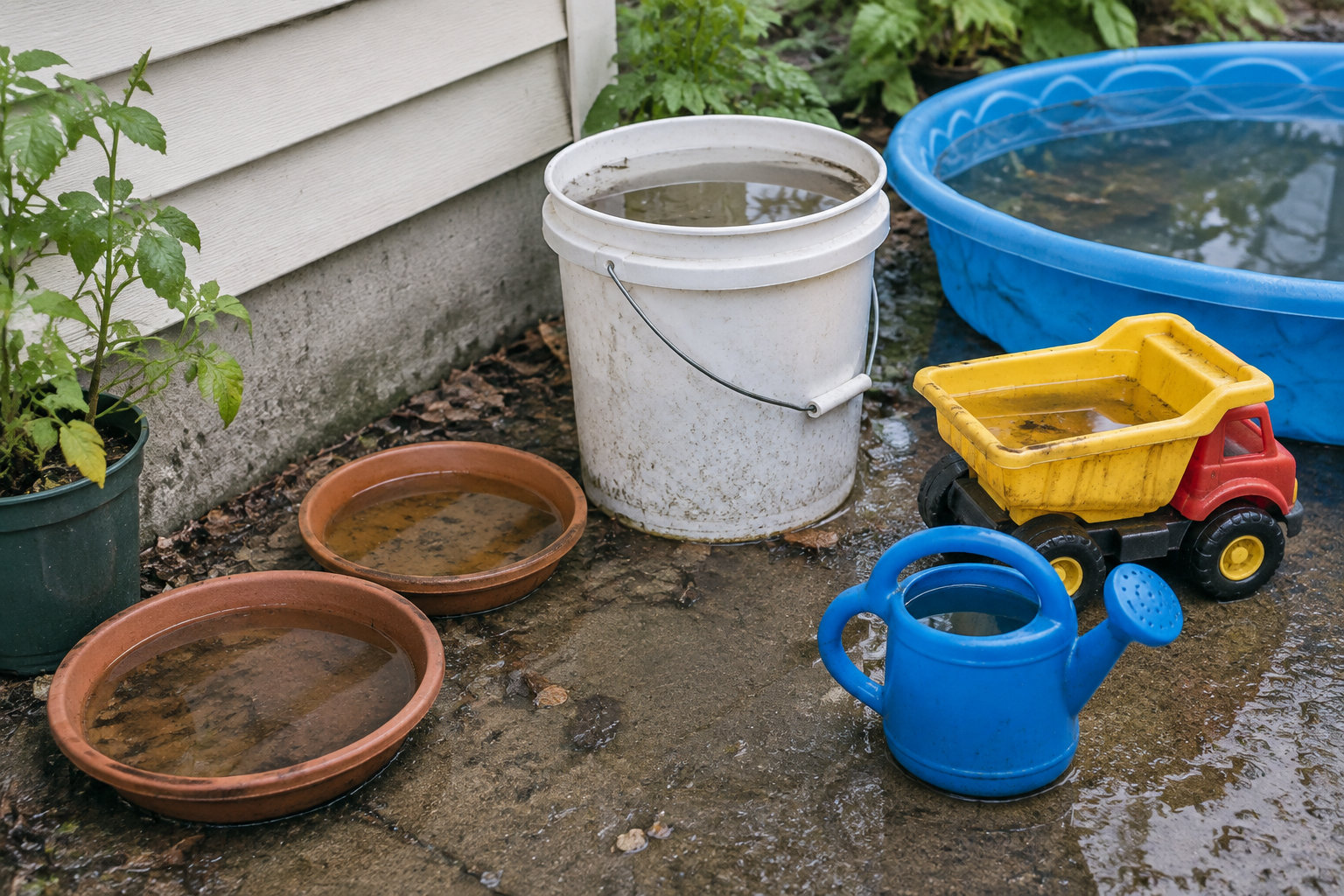 Des soucoupes, un seau et des jouets près d’un logement contiennent de petites quantités d’eau stagnante.