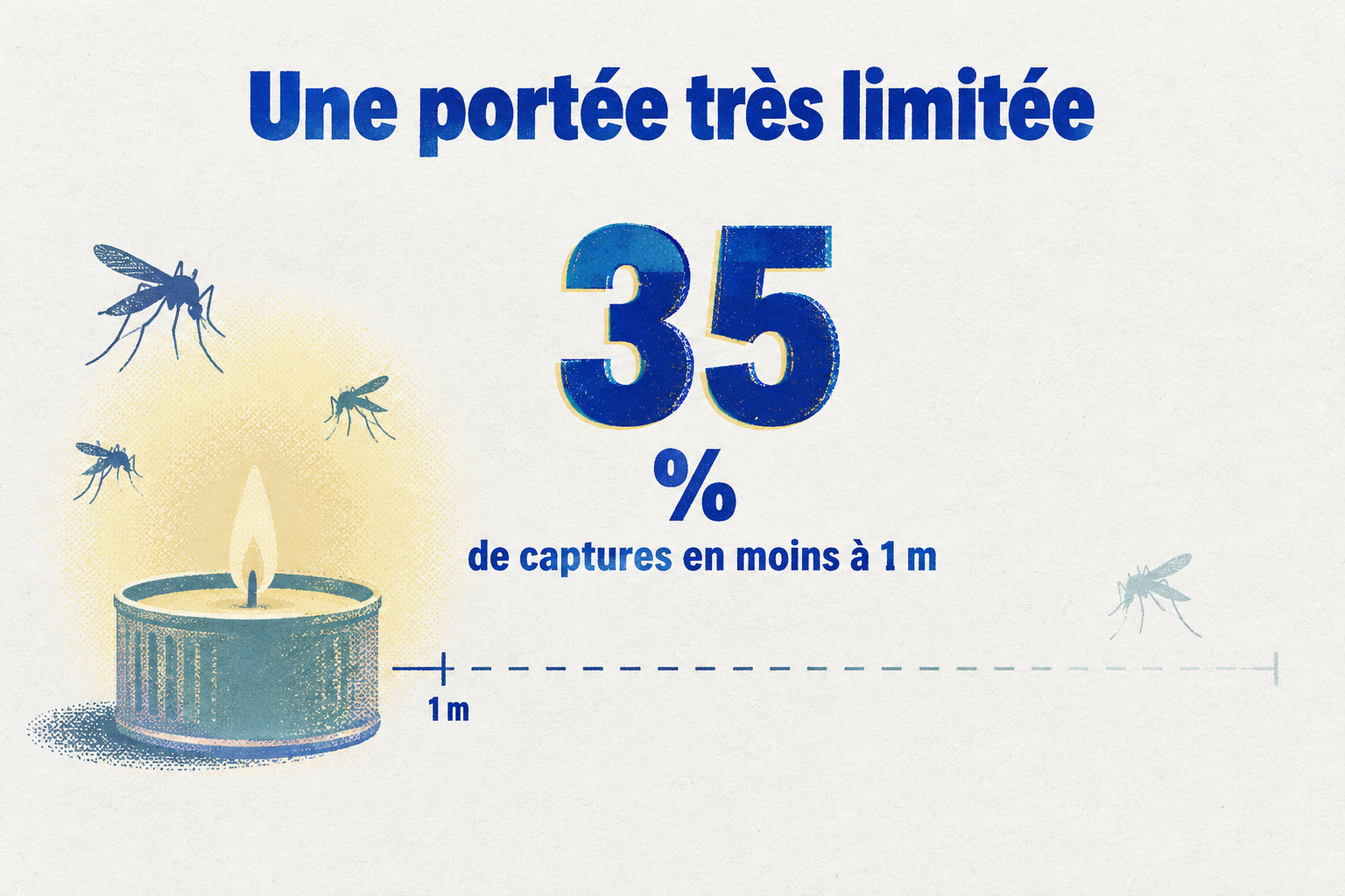En extérieur, une bougie à 5 % de citronnelle a réduit les captures de moustiques d’environ 35 % à 1 m, avec un effet nettement plus faible à 2 ou 3 m.
