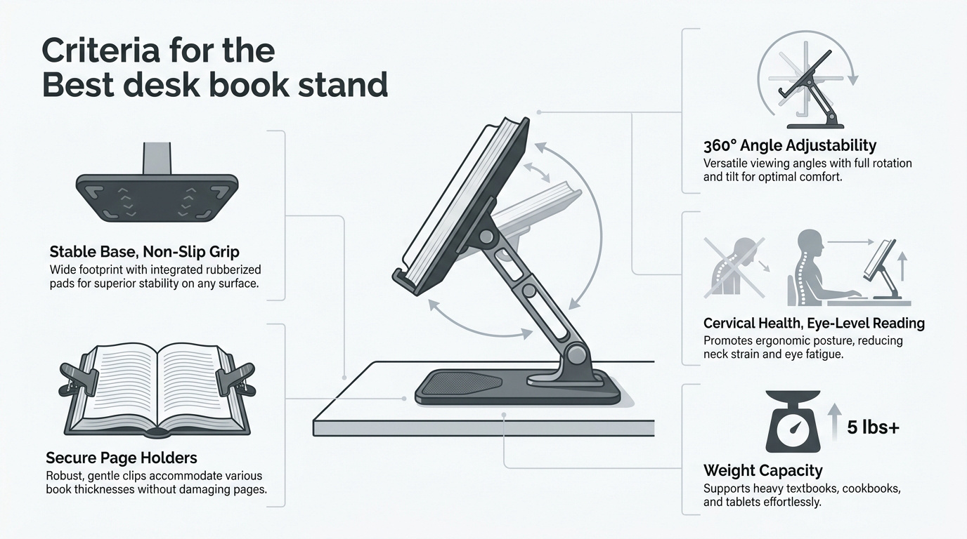 Infographic showing key features of a stable and ergonomic desk book stand including adjustable hinges and page clips