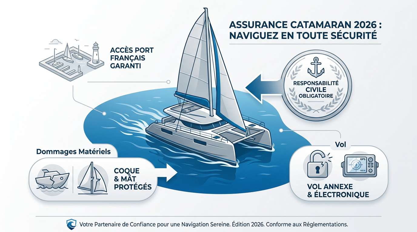 Catamaran moderne amarré au port illustrant la sécurité et la conformité de l'assurance plaisance