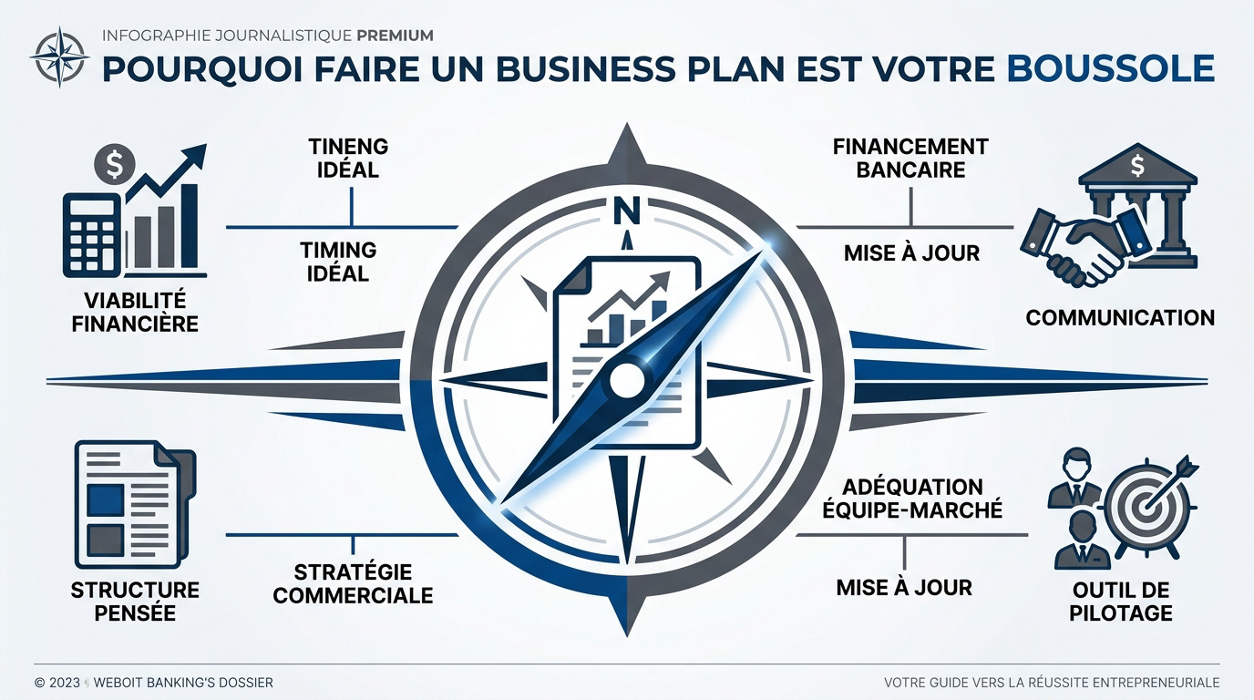 Entrepreneur analysant son business plan comme une boussole stratégique